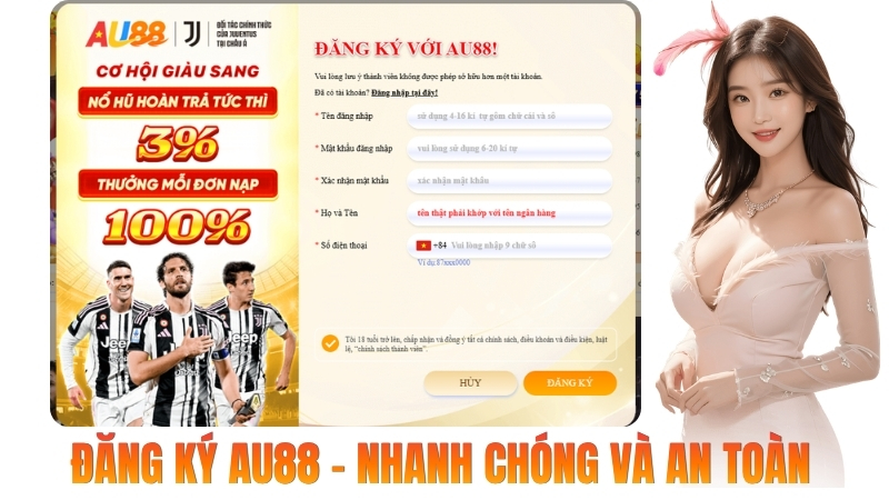Hướng dẫn đăng ký AU88 trong 3 bước Hình minh họa các bước đăng ký tài khoản AU88 trên website